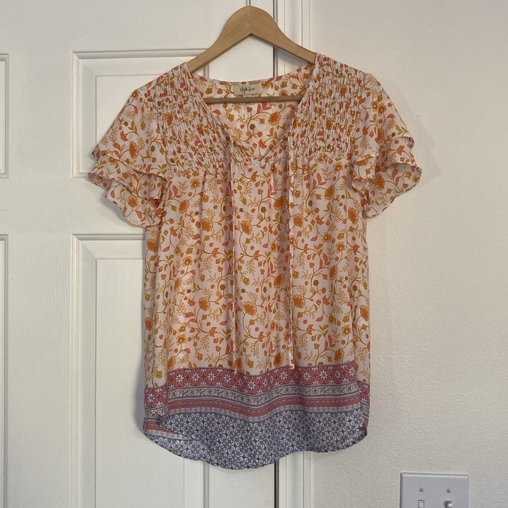 Style and Co boho flutter blouse with smocking.